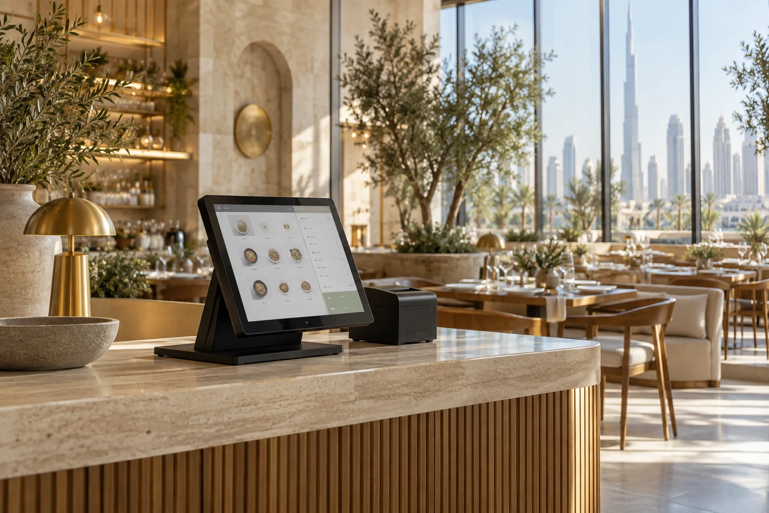 Illustrative restaurant interior with a point-of-sale terminal